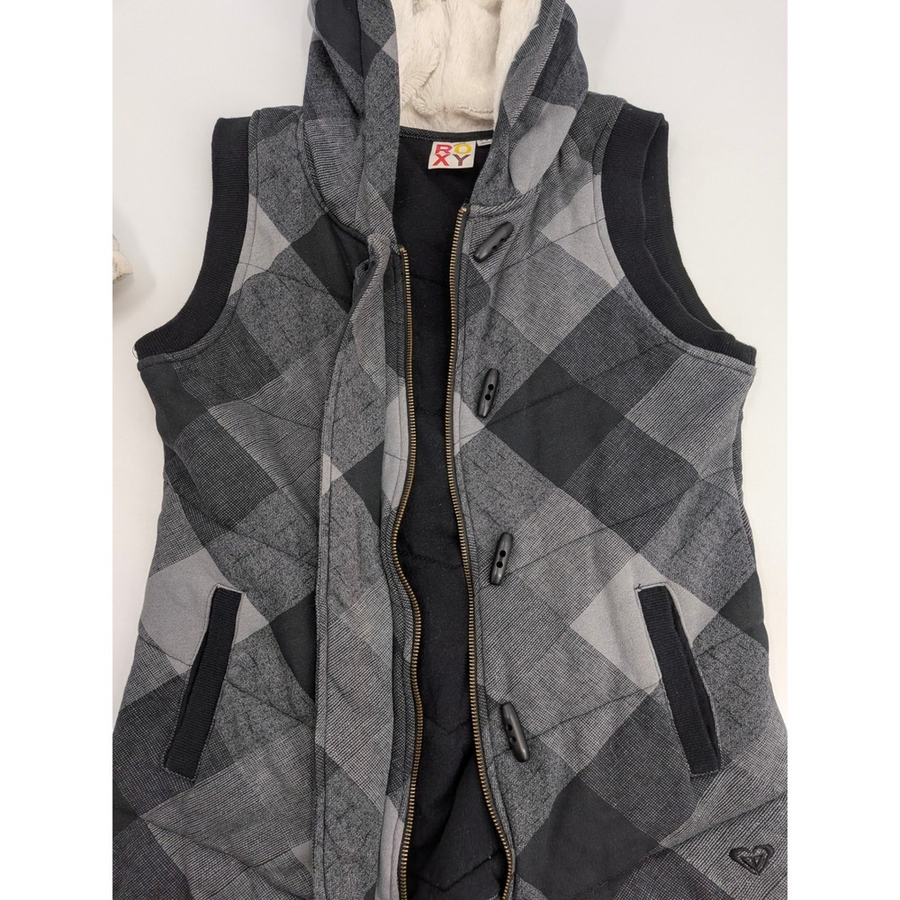 Roxy Womens‎ Buffalo Plaid Hooded Puffer Vest Gray Black Toggle Zip Front Medium